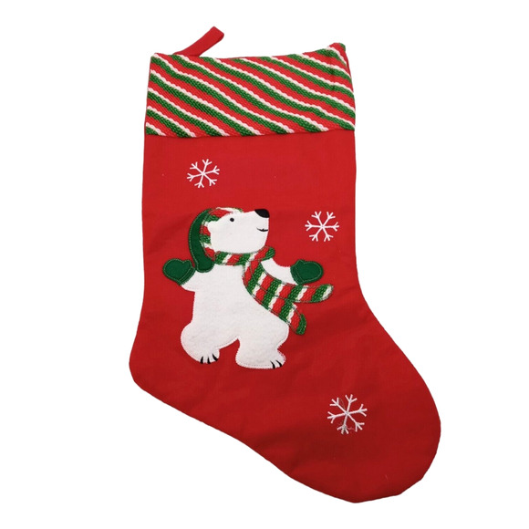 Whimsical Polar Bear Christmas Stocking Red Green White Snowflakes Holiday Decor - Picture 10 of 10